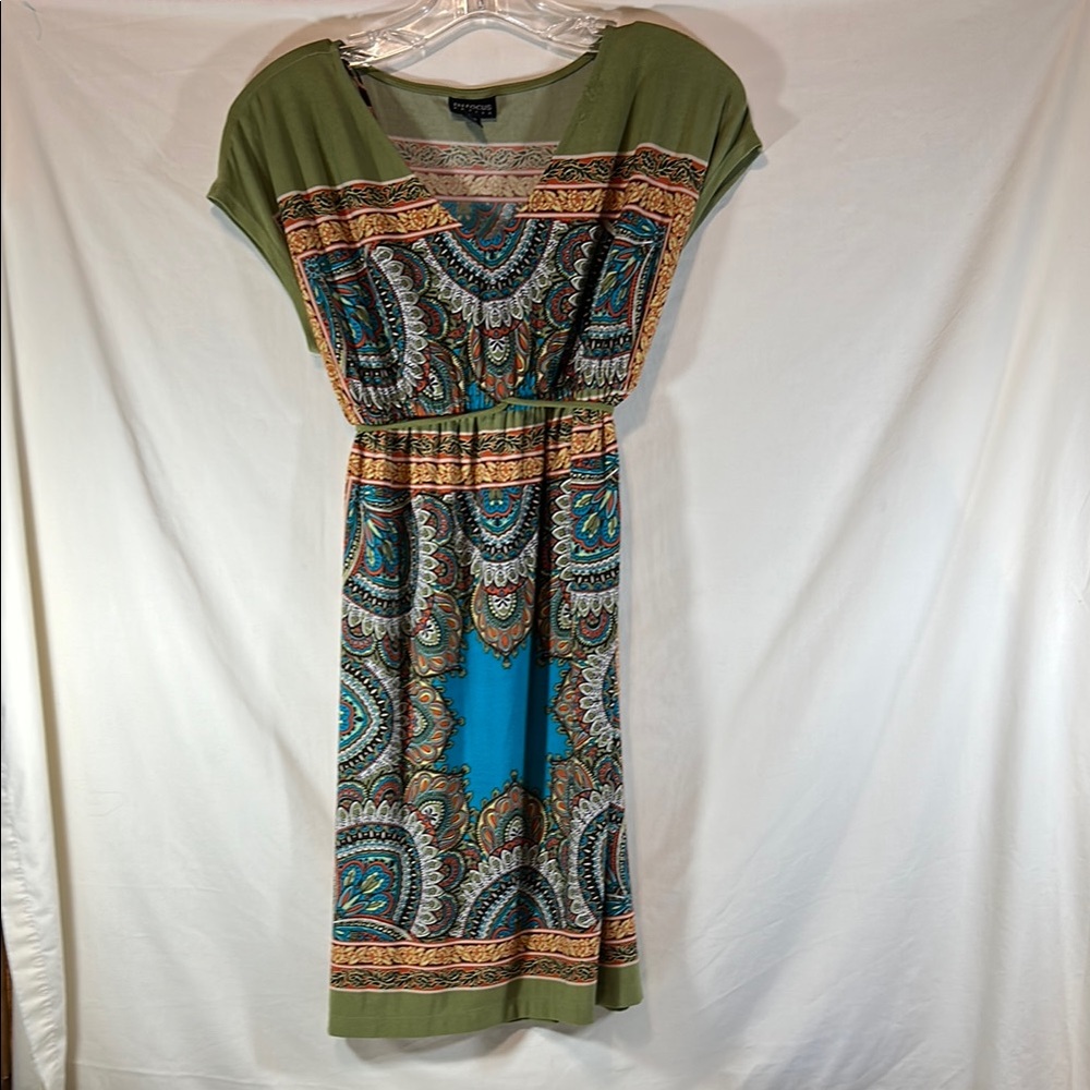 Enfocus Petite Green and Blue Midi Sundress with Cap Sleeves